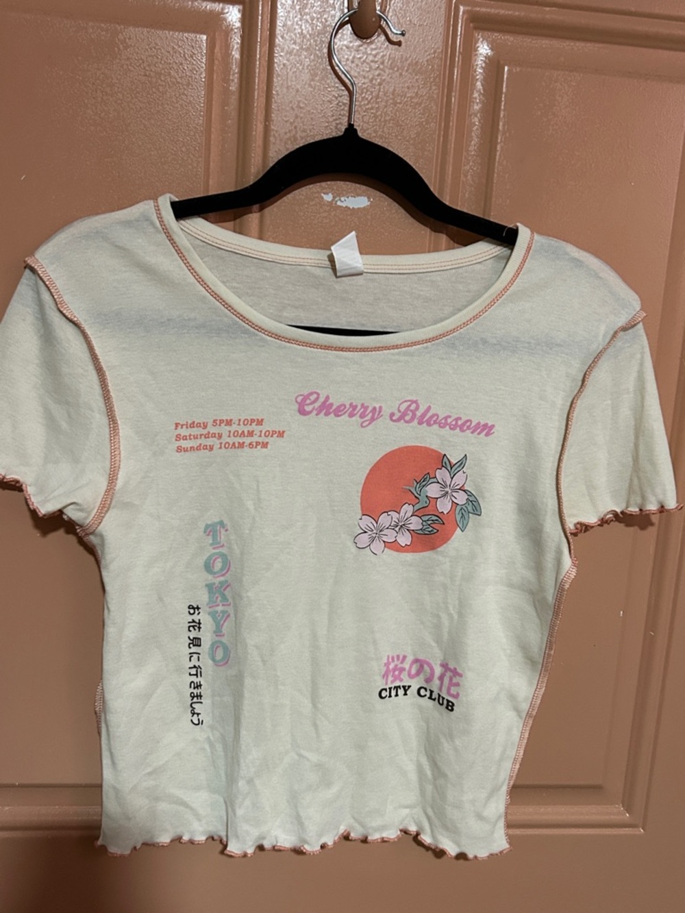 Cherry Blossom Graphic Crop Tee - Cream/Pink